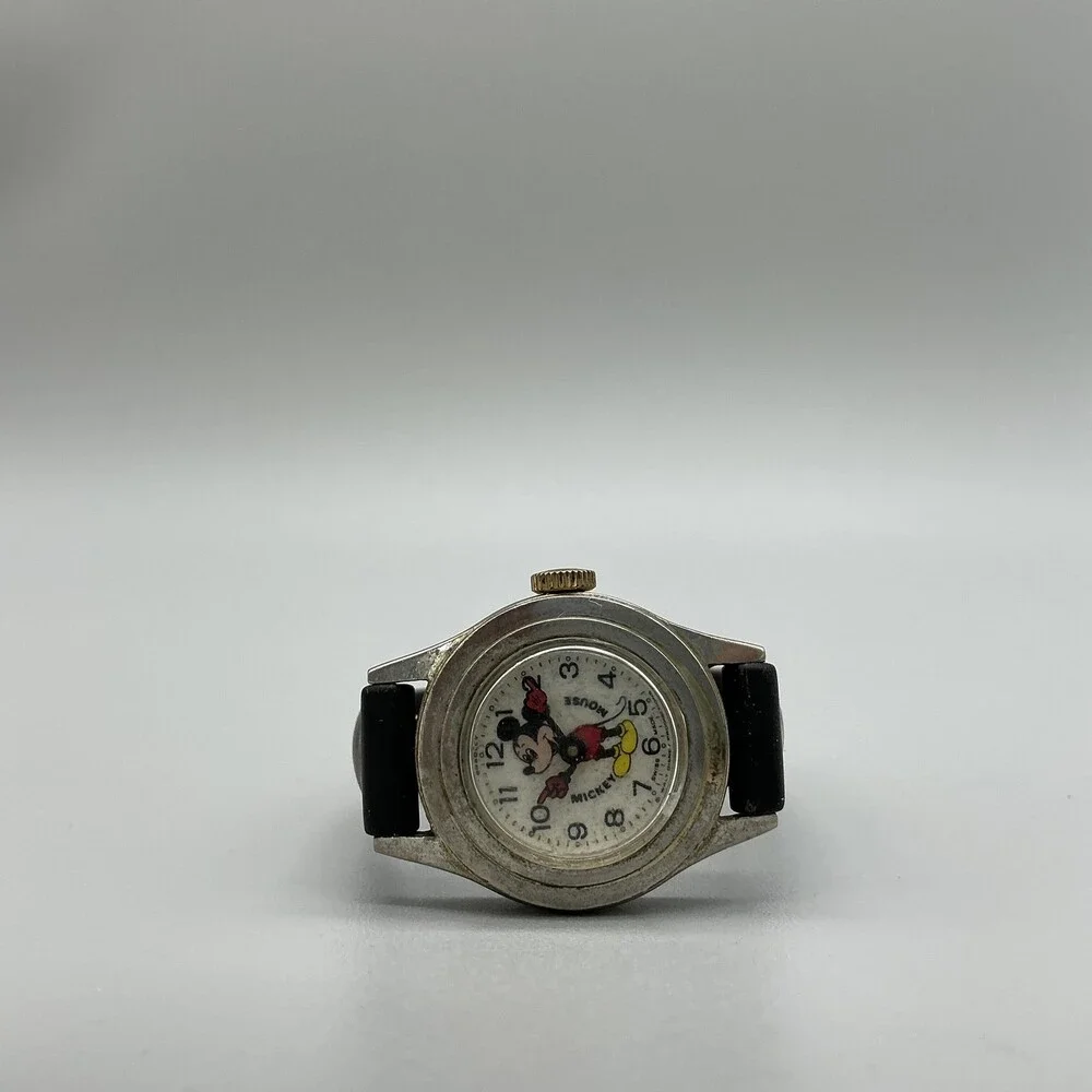 Vintage Bradley Boys Watch 26mm Mickey Mouse Swiss Manual Black Rubber Strap